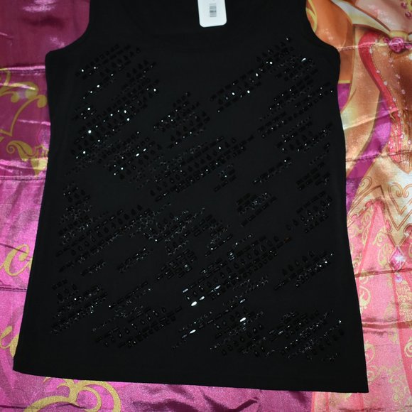 NEW calvin klein black beads rhinestone studs Bling Tank Top T-SHIRT Size XS / S - Picture 4 of 10